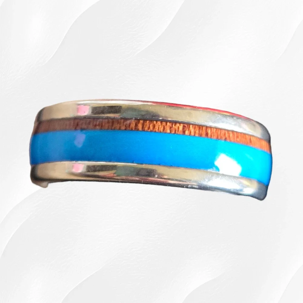 Turquoise Wood Pattern Band Inlay Stainless Steel Fashion Ring Size 11